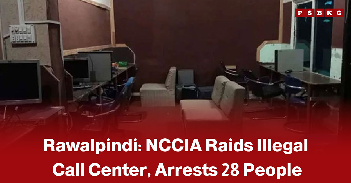 NCCIA officials conducting a raid at an illegal call center in Rawalpindi, with suspects and seized computers visible, accompanied by a news-style headline about 28 people being arrested in an online fraud crackdown.