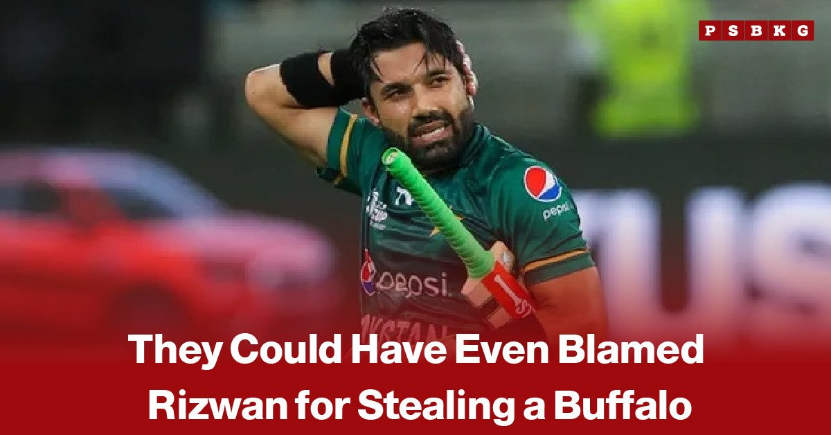 Pakistani cricketer Mohammad Rizwan speaking to media, accompanied by a news-style headline about his statement regarding the buffalo theft allegation.