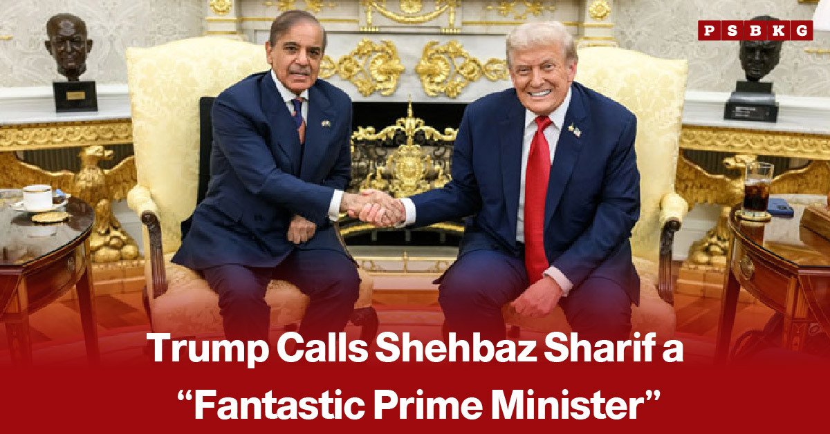 US President Donald Trump with Pakistan’s Prime Minister Shehbaz Sharif, accompanied by a news-style headline reporting Trump’s praise of Sharif as a “fantastic prime minister.”
