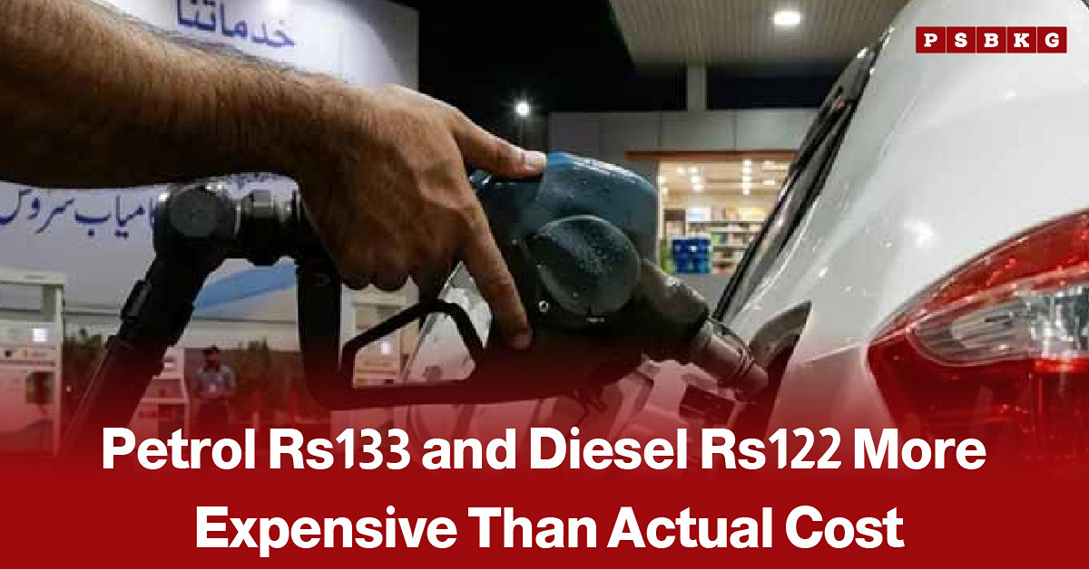 Fuel nozzle and petrol station imagery, accompanied by a news-style headline stating that petrol is Rs133 and diesel Rs122 more expensive than their actual cost.