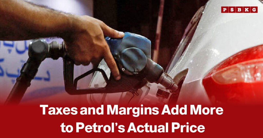 Petrol price taxes and margins increase the actual petrol price at a gas station.