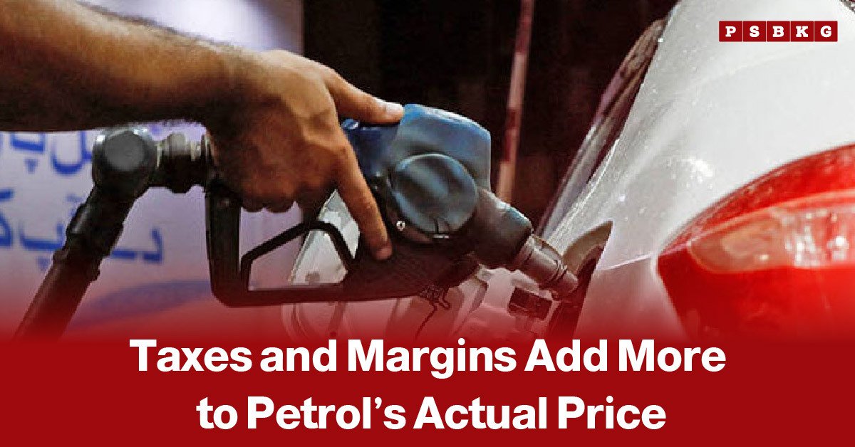 Petrol price taxes and margins increase the actual petrol price at a gas station.