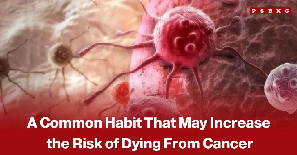 Person sitting for a prolonged period at a desk, accompanied by a news-style headline about research suggesting that extended sitting may increase the risk of cancer-related death.