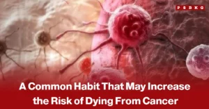 Person sitting for a prolonged period at a desk, accompanied by a news-style headline about research suggesting that extended sitting may increase the risk of cancer-related death.