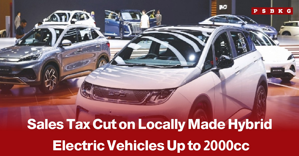 Hybrid electric cars displayed in a showroom, accompanied by a news-style headline about Pakistan reducing sales tax on locally manufactured hybrid vehicles up to 2,000cc from 25% to 18%.