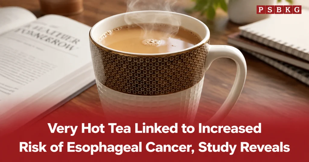 Person drinking hot tea with a warning about beverage temperature and health risks