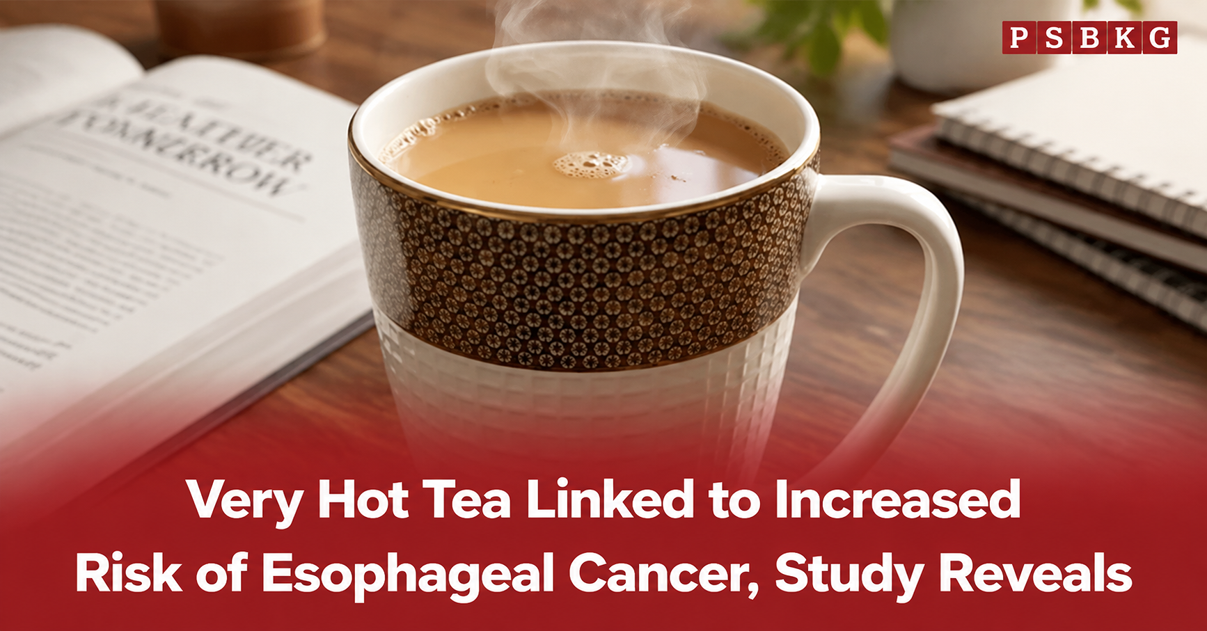 Person drinking hot tea with a warning about beverage temperature and health risks