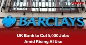 Barclays bank sign accompanied by a headline announcing Barclays job cuts, as the UK lender plans to cut 5,000 jobs amid growing use of artificial intelligence and automation.