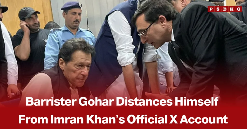 Imran Khan seated among officials as Barrister Gohar leans toward him, illustrating the Barrister Gohar Imran Khan X account controversy and PTI’s position on the account’s ownership.