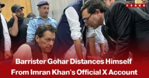 Imran Khan seated among officials as Barrister Gohar leans toward him, illustrating the Barrister Gohar Imran Khan X account controversy and PTI’s position on the account’s ownership.