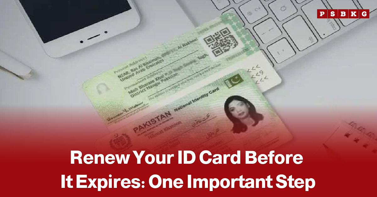 Graphic featuring a Pakistani national identity card, smartphone, and keyboard with the headline “Renew Your ID Card Before It Expires,” highlighting CNIC renewal in Pakistan and the importance of renewing an identity card before its expiry date.