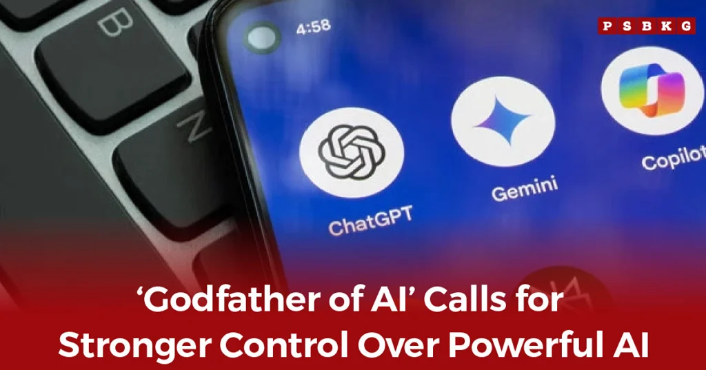 Graphic showing ChatGPT, Gemini, and Copilot app icons on a smartphone, highlighting Geoffrey Hinton AI safety concerns and calls for stronger controls over powerful artificial intelligence.