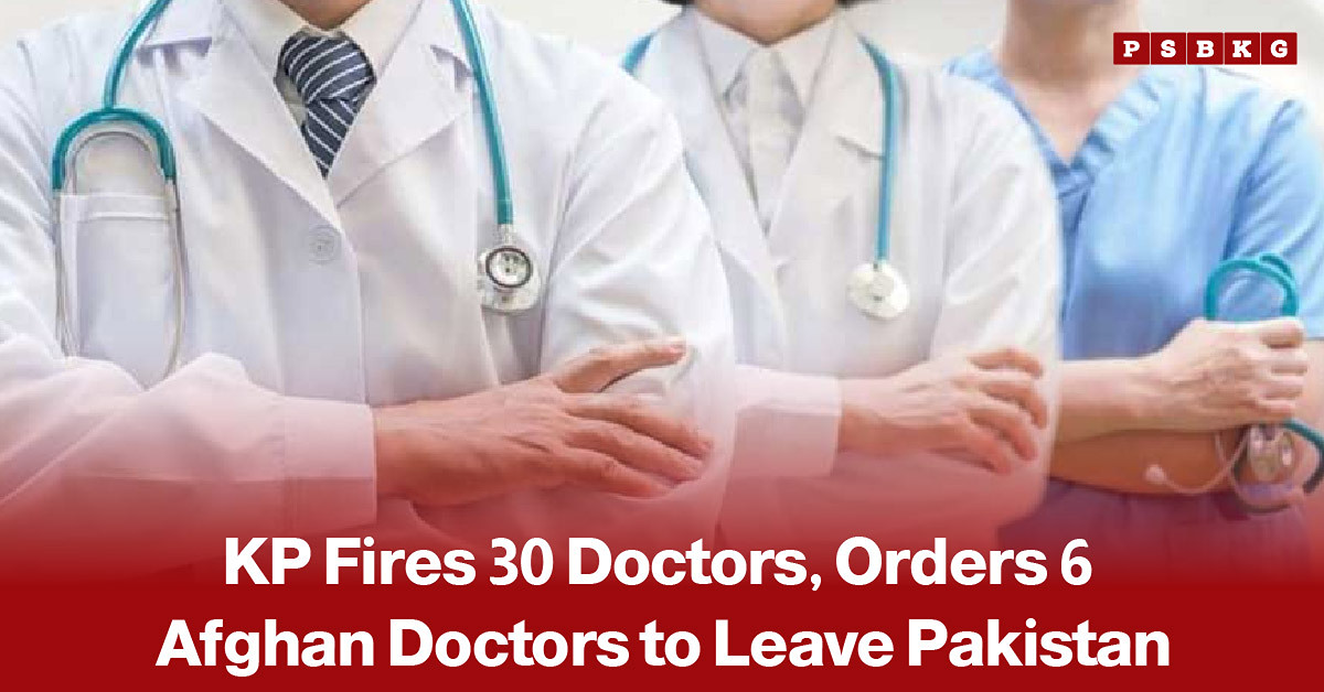 Doctors and medical staff wearing white coats and stethoscopes, illustrating the KP fires 30 doctors news about the dismissal of 30 doctors and orders for six Afghan doctors to leave Pakistan.