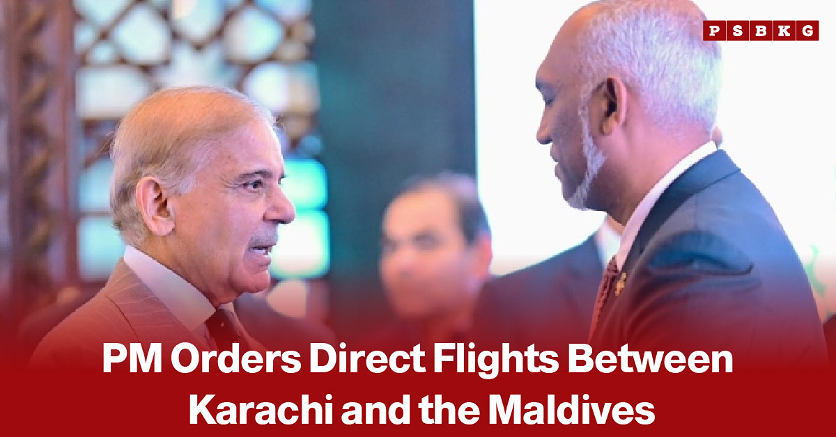 Image showing Pakistan’s prime minister speaking with a suited official, alongside a headline announcing plans for Karachi to Maldives direct flights to improve air connectivity between Pakistan and the Maldives.