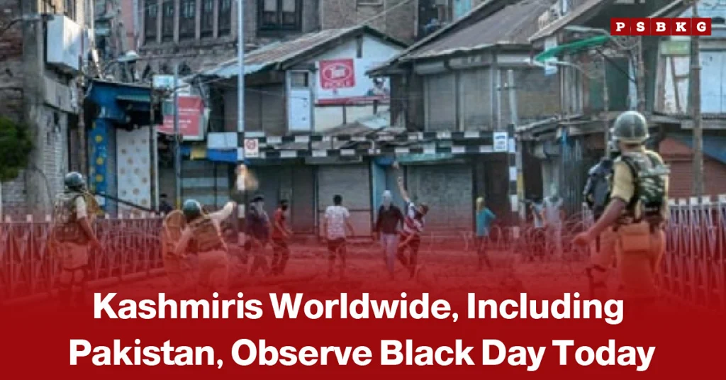 Kashmir Black Day rally featuring Pakistani and Kashmiri flags, with participants expressing solidarity with Kashmiris and calling for a peaceful resolution of the Jammu and Kashmir dispute.