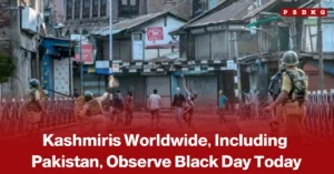 Kashmir Black Day rally featuring Pakistani and Kashmiri flags, with participants expressing solidarity with Kashmiris and calling for a peaceful resolution of the Jammu and Kashmir dispute.
