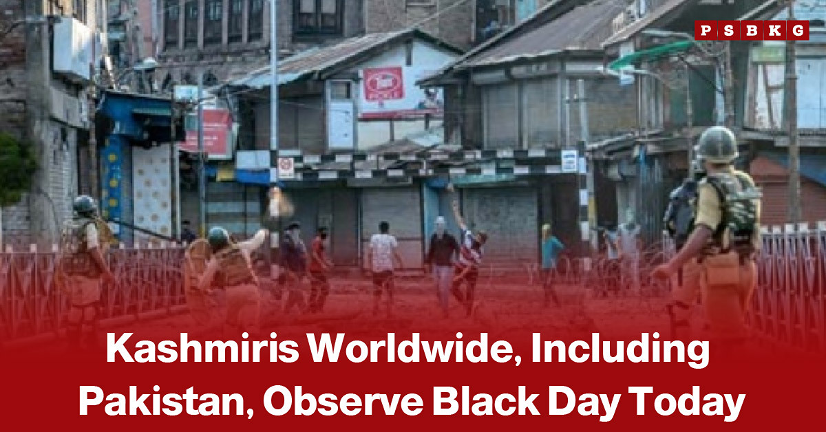 Kashmir Black Day rally featuring Pakistani and Kashmiri flags, with participants expressing solidarity with Kashmiris and calling for a peaceful resolution of the Jammu and Kashmir dispute.