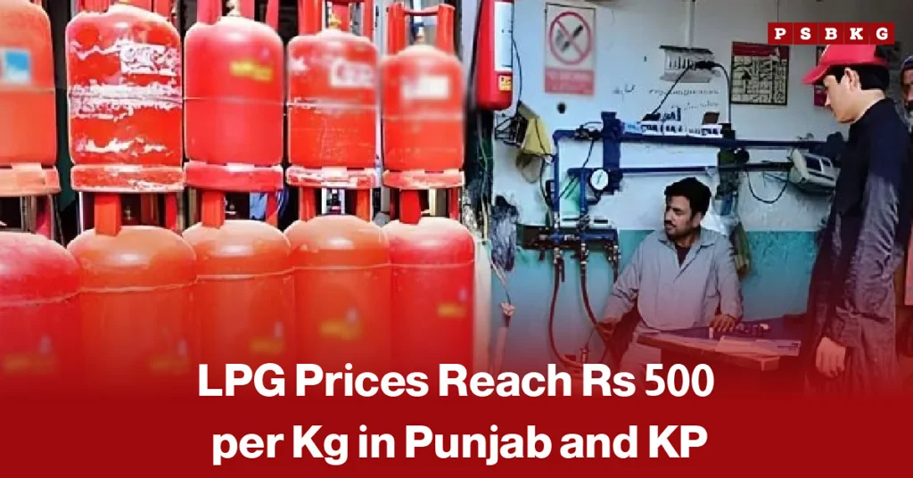 Red LPG cylinders beside a shopkeeper and customer, illustrating LPG prices in Punjab and KP reportedly reaching Rs500 per kilogram amid rising fuel costs.