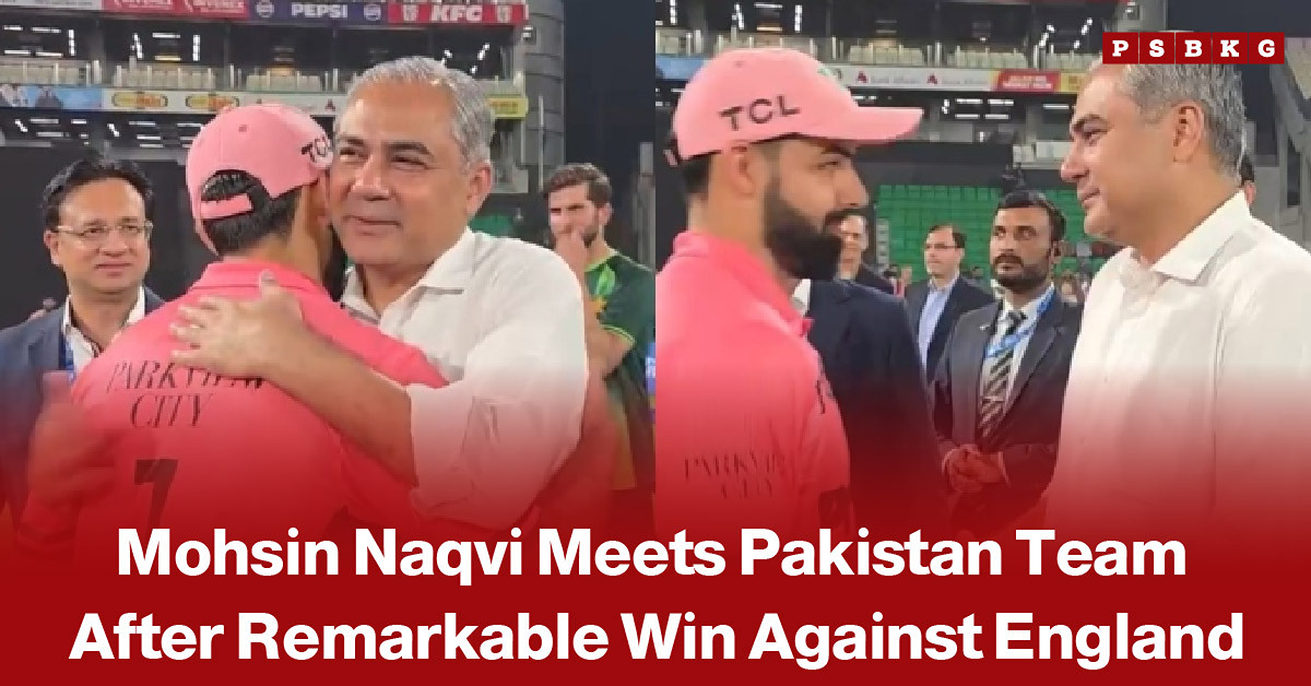 Mohsin Naqvi greets Babar Azam after Pakistan’s victory over England, highlighting the PCB chairman’s support for the national cricket team following their remarkable win.