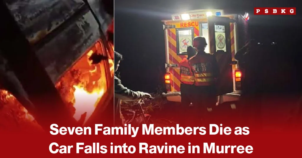 Nighttime rescue scene with emergency responders attending a burning vehicle after the Murree accident, in which seven family members reportedly died when a vehicle fell into a ravine.