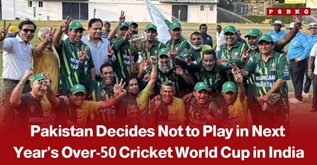 Pakistani veterans cricket team celebrating with a trophy on the field, alongside a headline announcing Pakistan’s withdrawal from the Pakistan Over-50 Cricket World Cup in India in 2027.