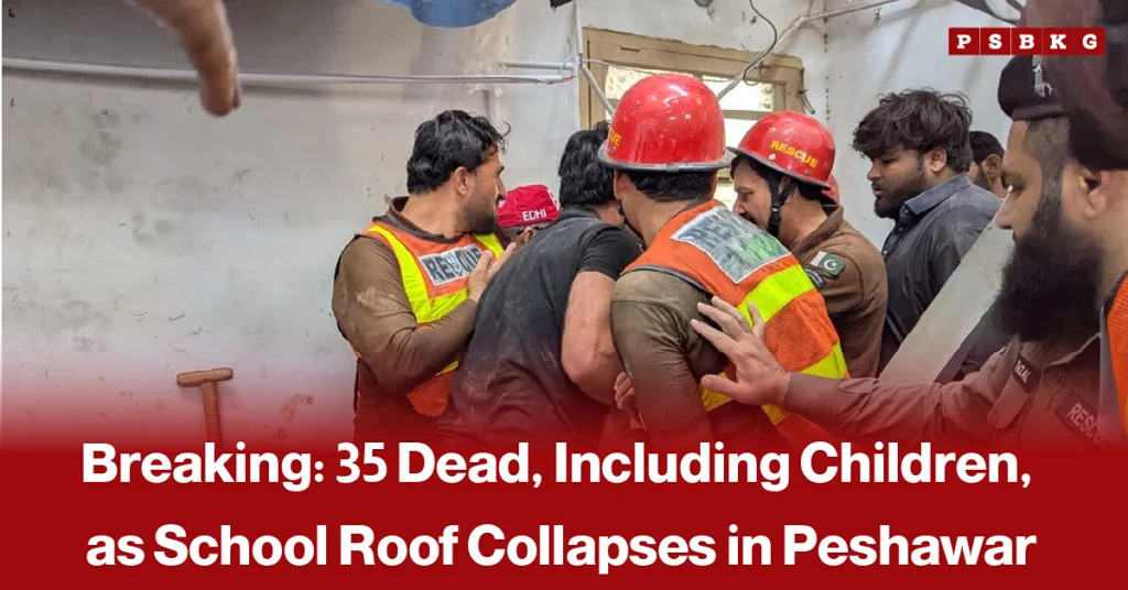 Rescue workers in helmets assist at a collapsed school building in Peshawar, following reports of deaths and injuries among children.