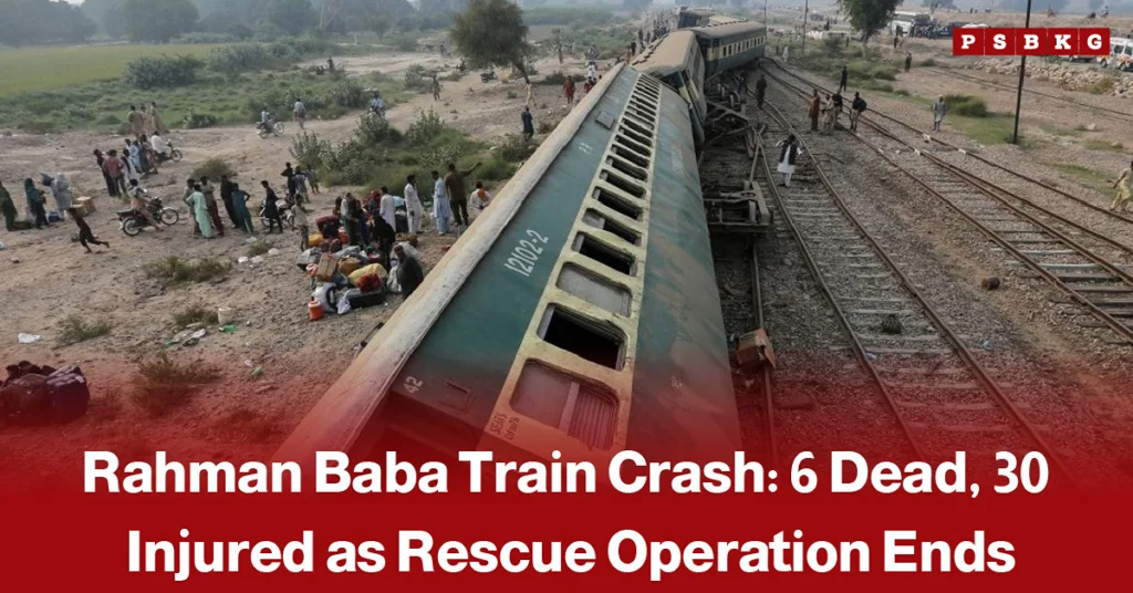Rahman Baba train crash scene showing a derailed passenger train near the station, with people gathered around the wreckage and railway tracks visible.