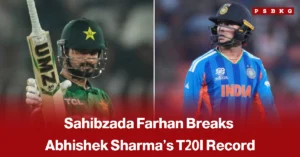 Split image of Pakistan’s Sahibzada Farhan and India’s Abhishek Sharma highlighting the Sahibzada Farhan T20I record after Farhan surpassed Sharma’s three-match bilateral T20I series run-scoring record.