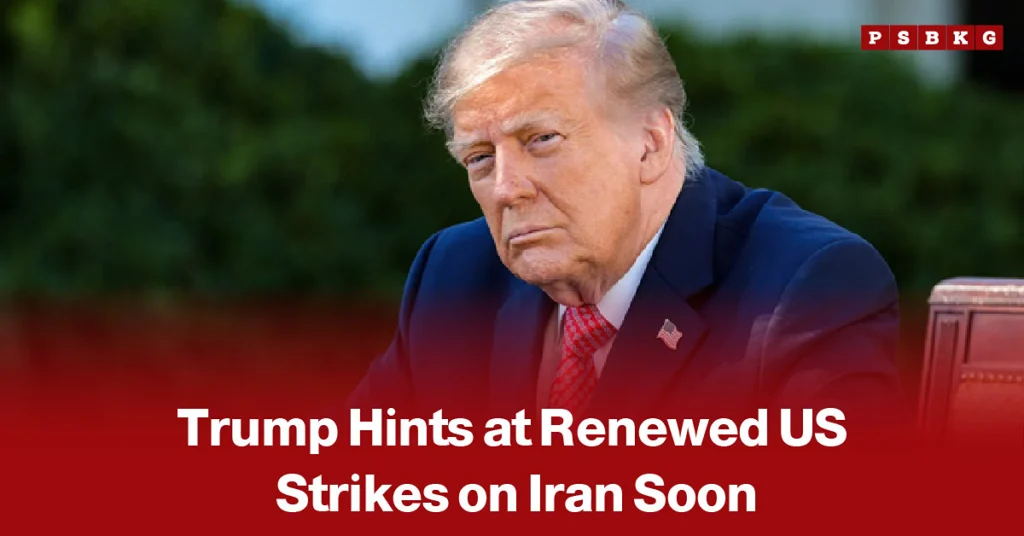 Donald Trump seated outdoors in a suit, alongside a headline about possible US strikes on Iran as tensions rise over Iran’s nuclear programme and the prospect of renewed military action.