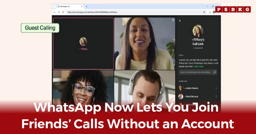 WhatsApp calls without an account feature graphic showing a group video call in a web browser, highlighting how guests can join calls through an invitation link without creating a WhatsApp account.