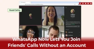 WhatsApp calls without an account feature graphic showing a group video call in a web browser, highlighting how guests can join calls through an invitation link without creating a WhatsApp account.