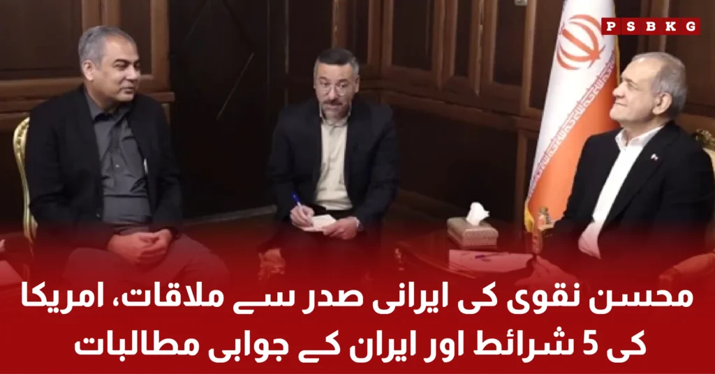 Pakistani Interior Minister Mohsin Naqvi meeting Iranian President Masoud Pezeshkian during regional diplomatic talks