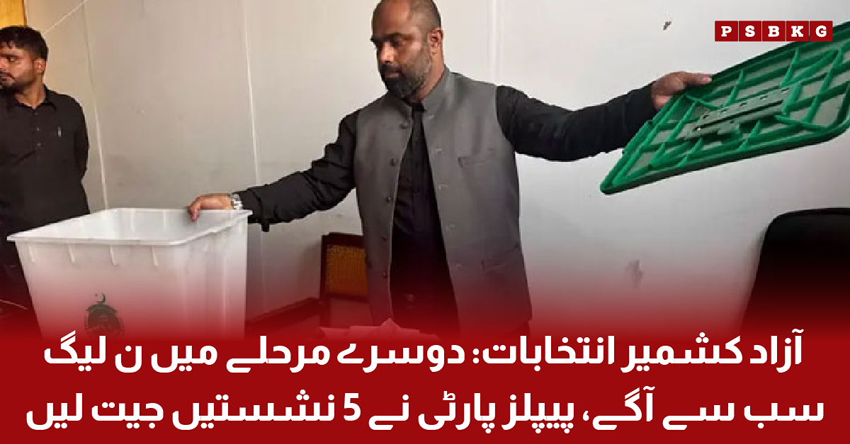 Vote counting underway during the second phase of Azad Kashmir elections, with PML-N leading and PPP winning five seats.