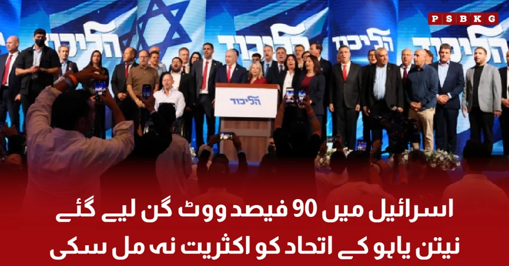 Israeli Likud party members stand onstage before a crowd with the Israeli flag and Likud branding during the Israel Election Results 2026.